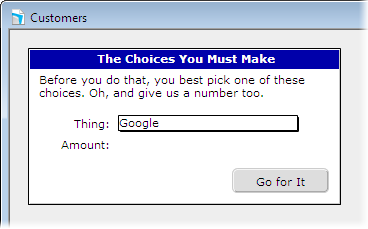 A simulated dialog box on a FileMaker Pro layout