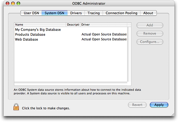 The ODBC Administrator tool on Mac OS X.