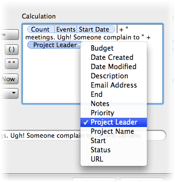 A calculation formula in Bento, with a field tokenâ€™s pop-up menu showing.