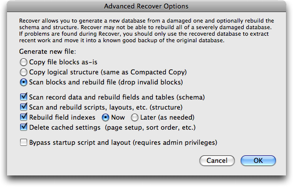 The new Recover dialog box in FileMaker Pro 10