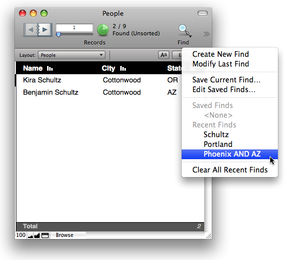 The Saved Finds menu in FileMaker Pro 10