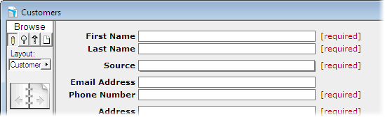 FileMaker Pro layout with some fields labeled “[required]”