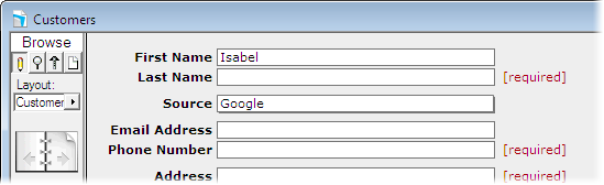 FileMaker Pro layout showing the “[required]” label is not visible once text is entered.