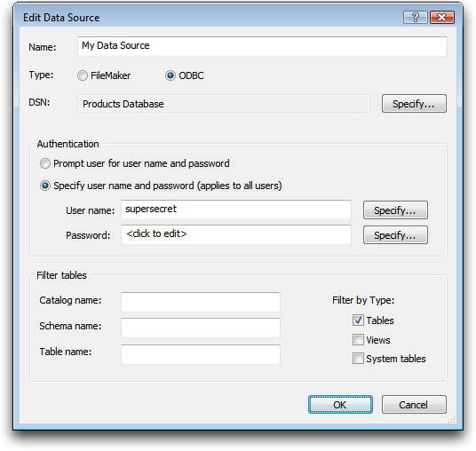 FileMaker 9’s new Edit Data Source dialog box.