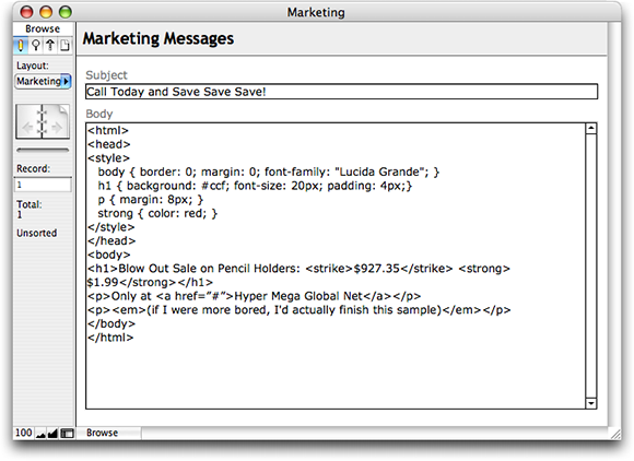This sample database has HTML in a field.