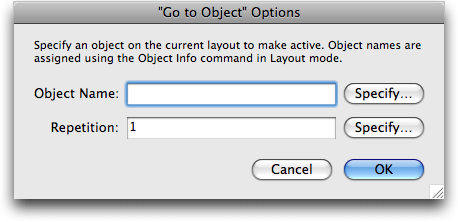 Options for the Go To Object script step.